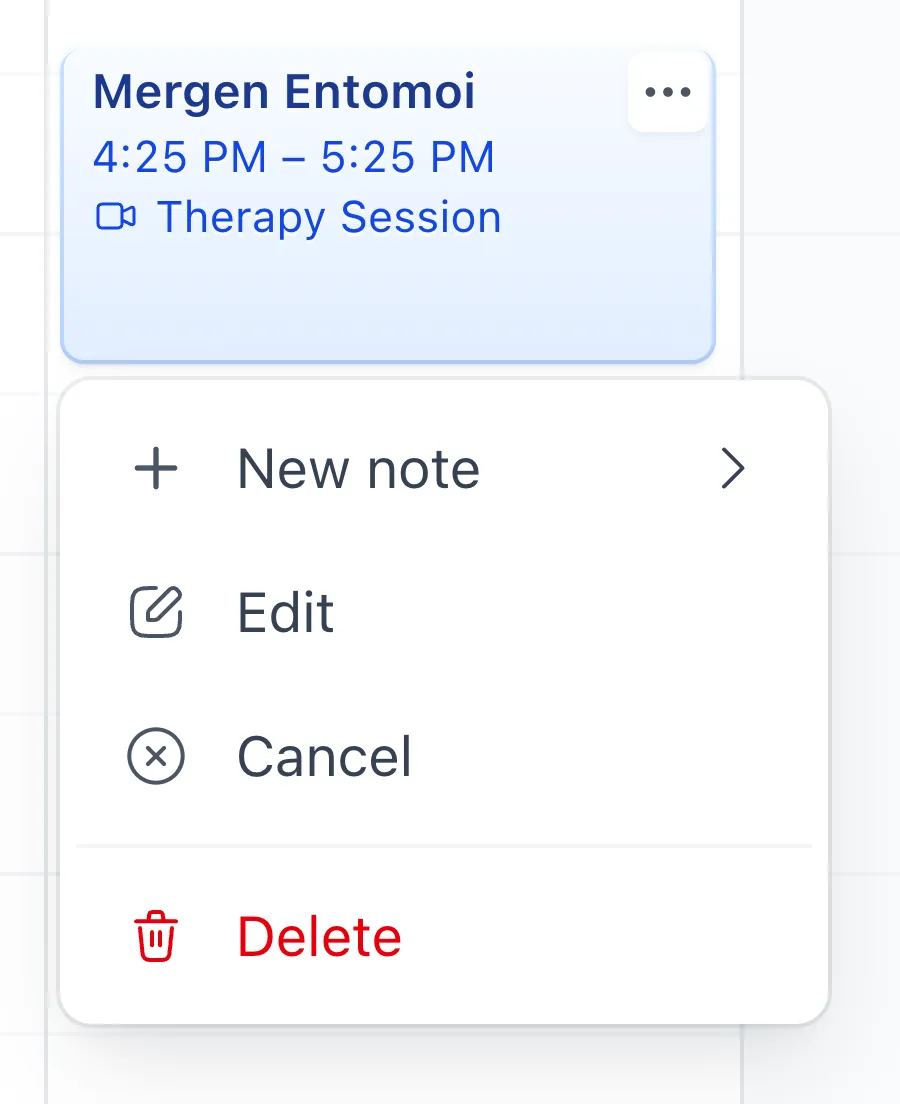 Screenshot of Session Menu on the Calendar