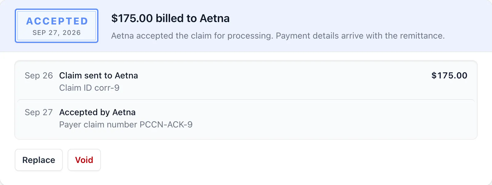 Accepted claim card with a dated ledger showing the claim sent to Aetna and accepted with a payer claim number, and Replace and Void buttons