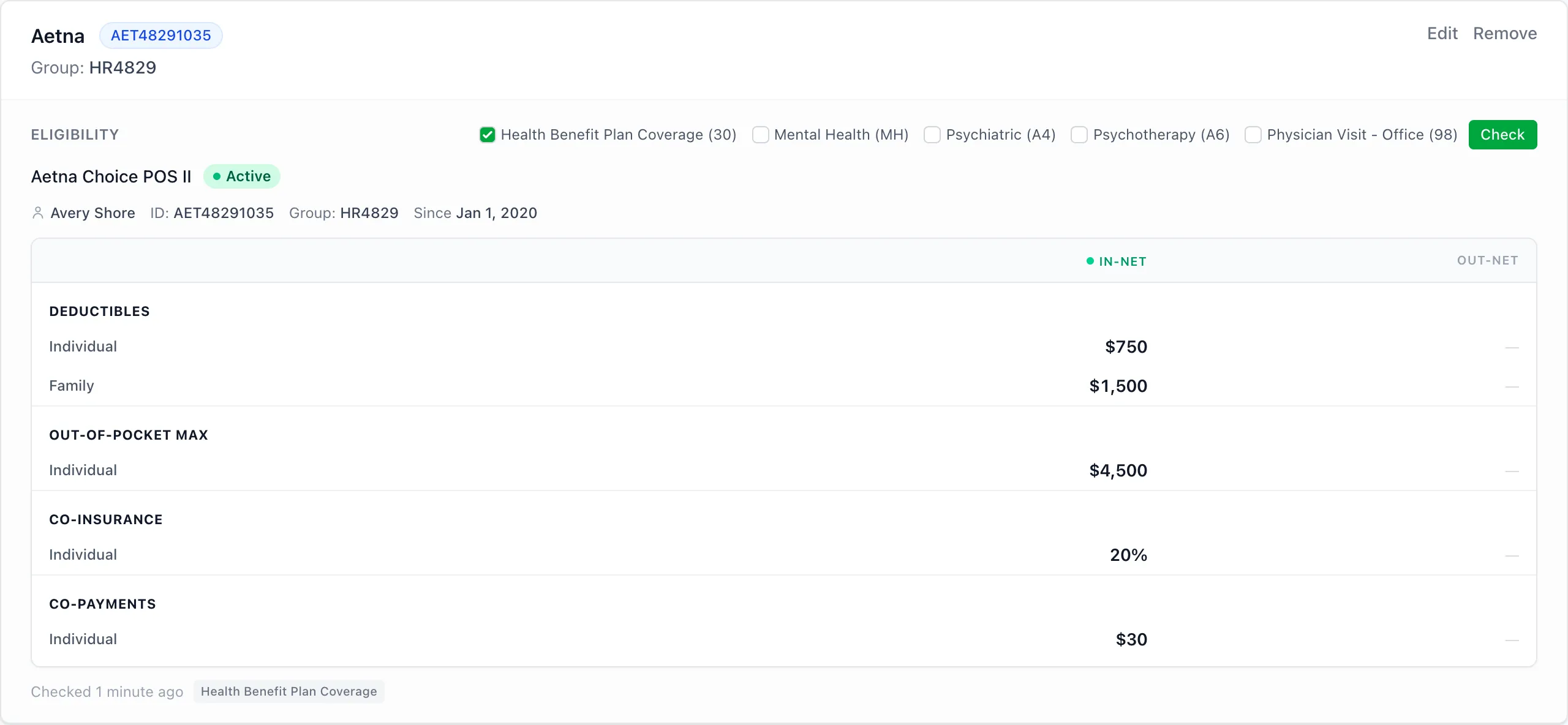 Eligibility check showing Aetna plan status, deductibles, and co-payments