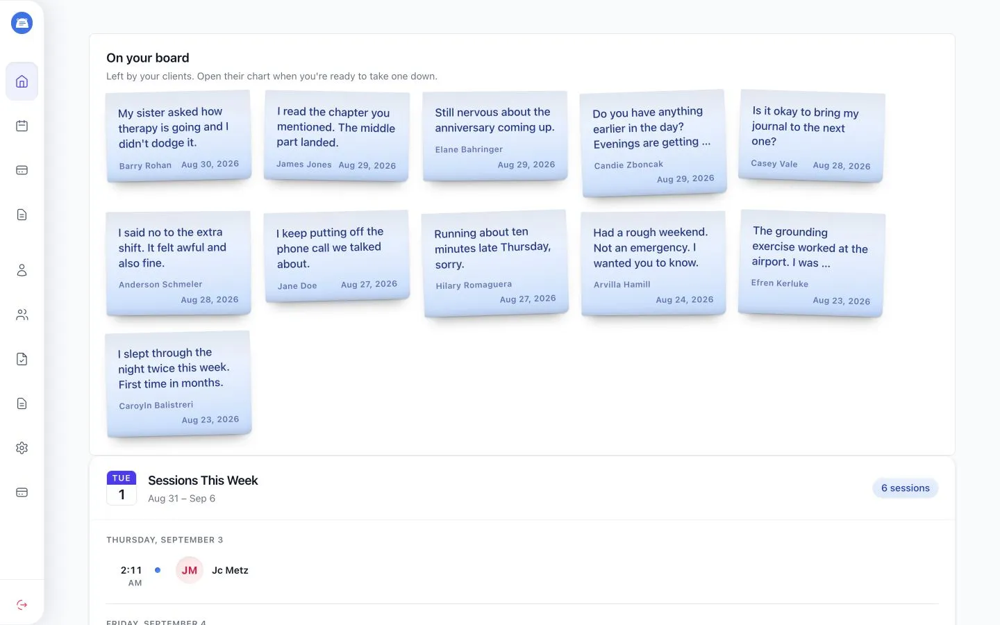 Therapist home page showing client Stickies under On your board