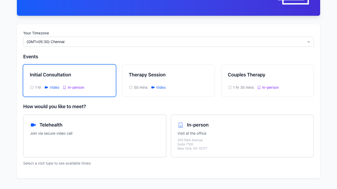Booking page showing visit type selector