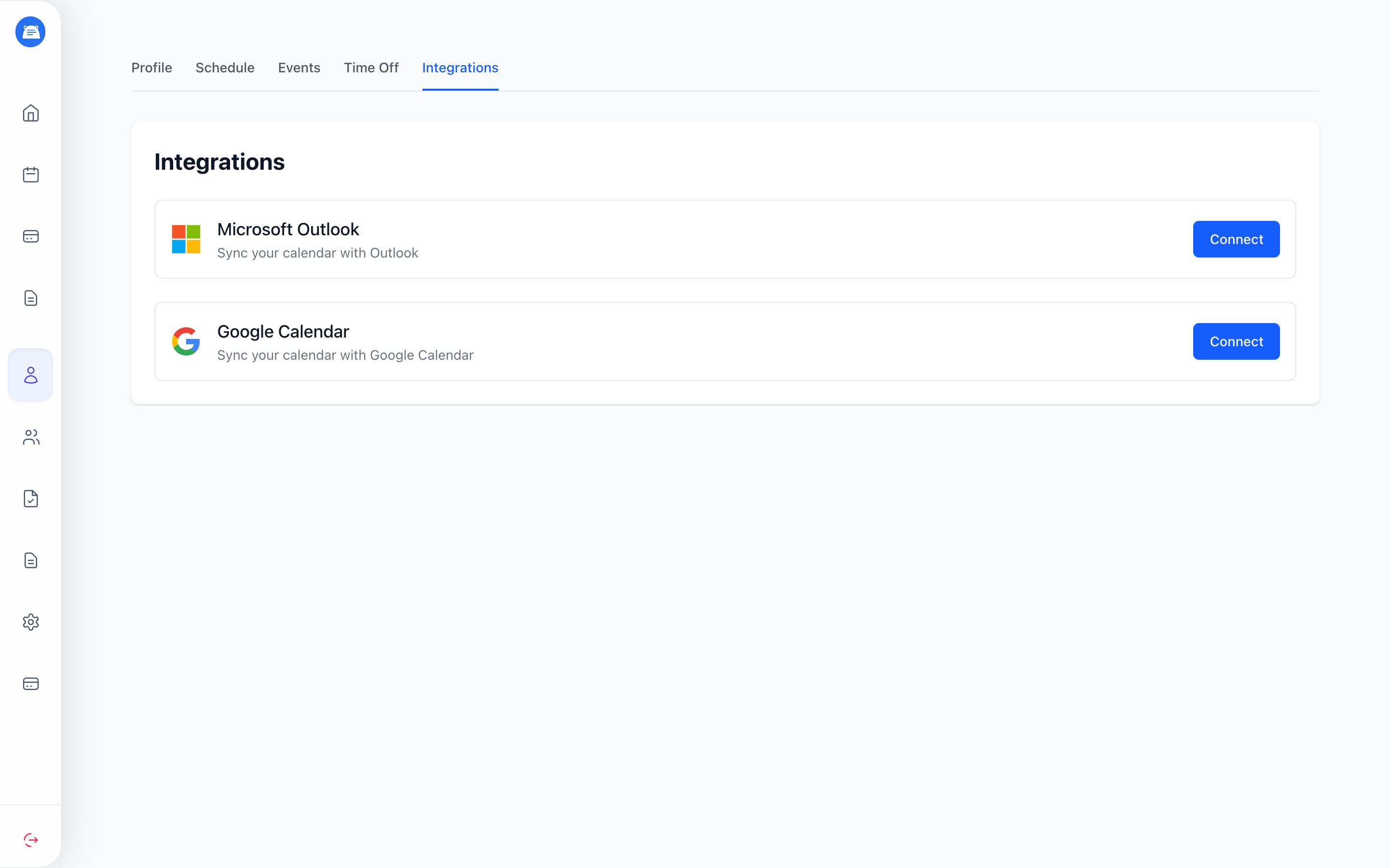 Integrations page with Connect buttons for Microsoft Outlook and Google Calendar