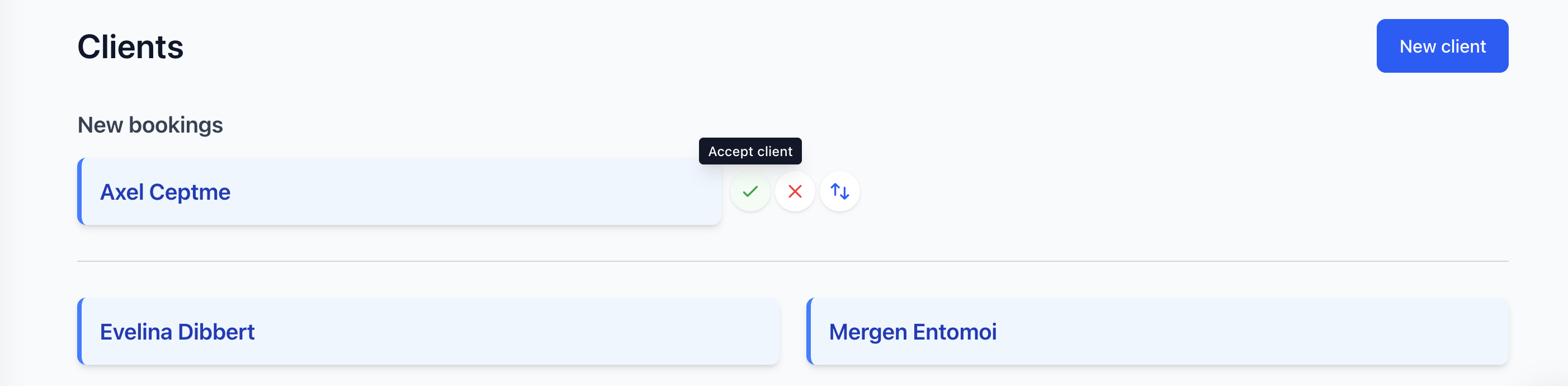 New bookings section showing intake clients with accept, reject, and merge buttons