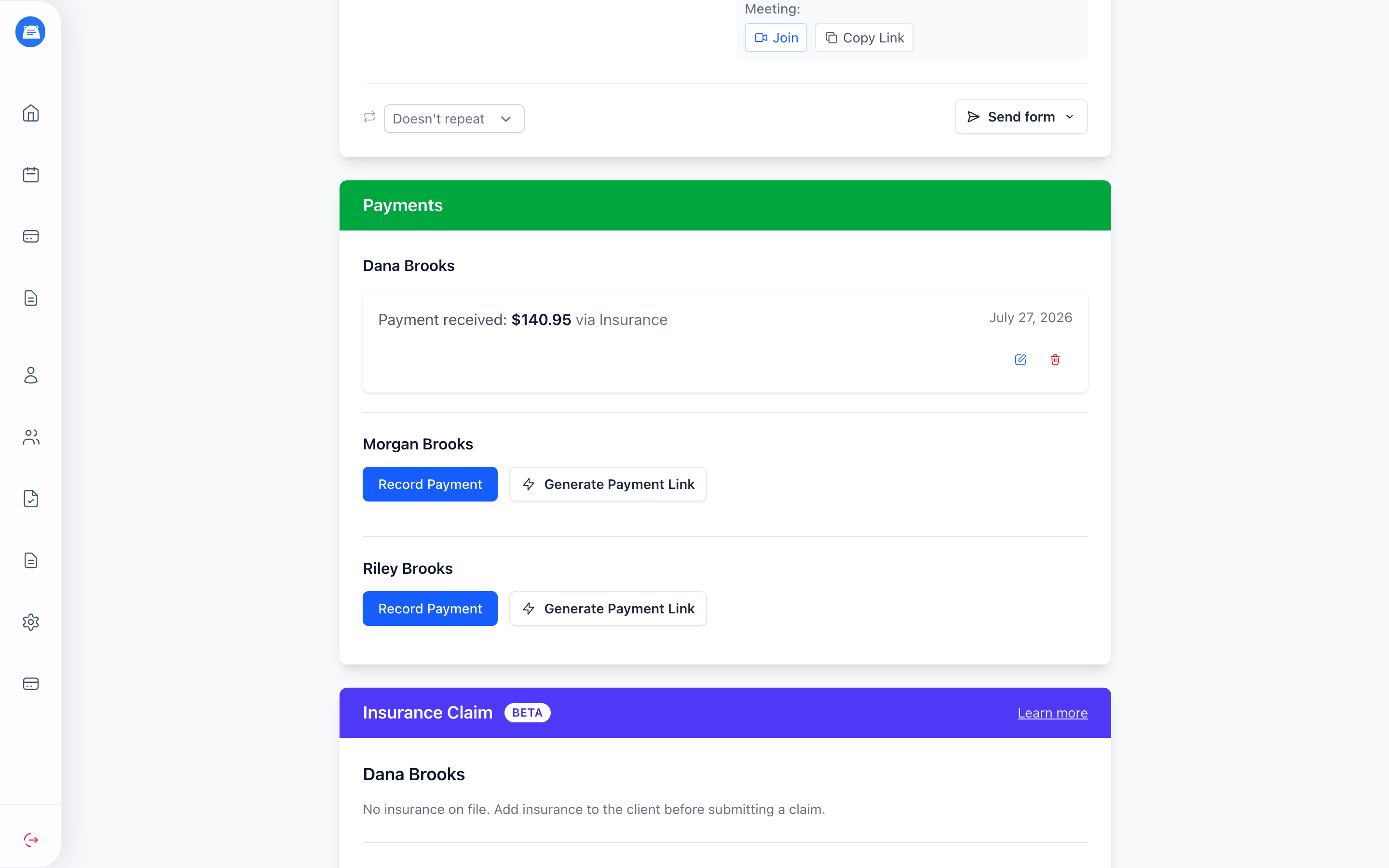 Payments section on a family session with an insurance payment recorded under Dana Brooks and Record Payment and Generate Payment Link buttons under Morgan Brooks and Riley Brooks