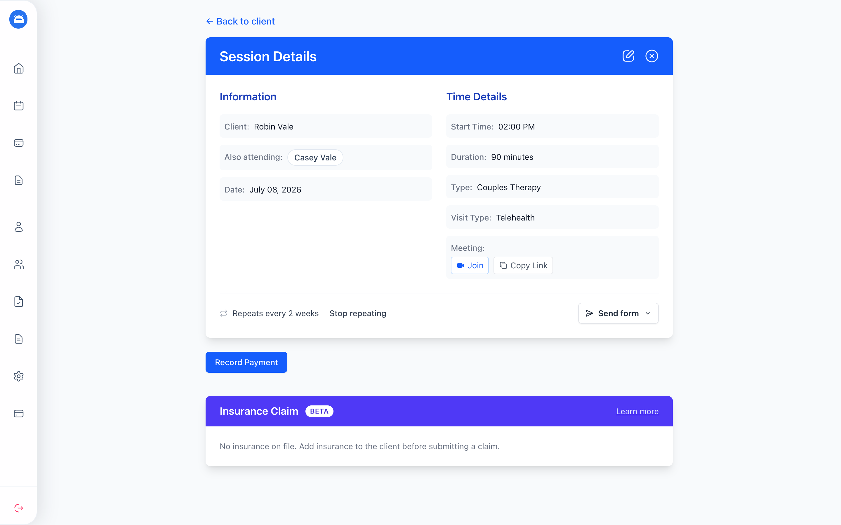 Session details for a couples session showing the client, an Also attending chip, and a Send form button