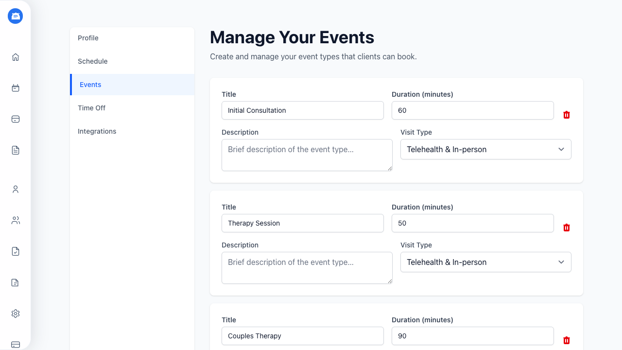 Events page with visit type dropdown