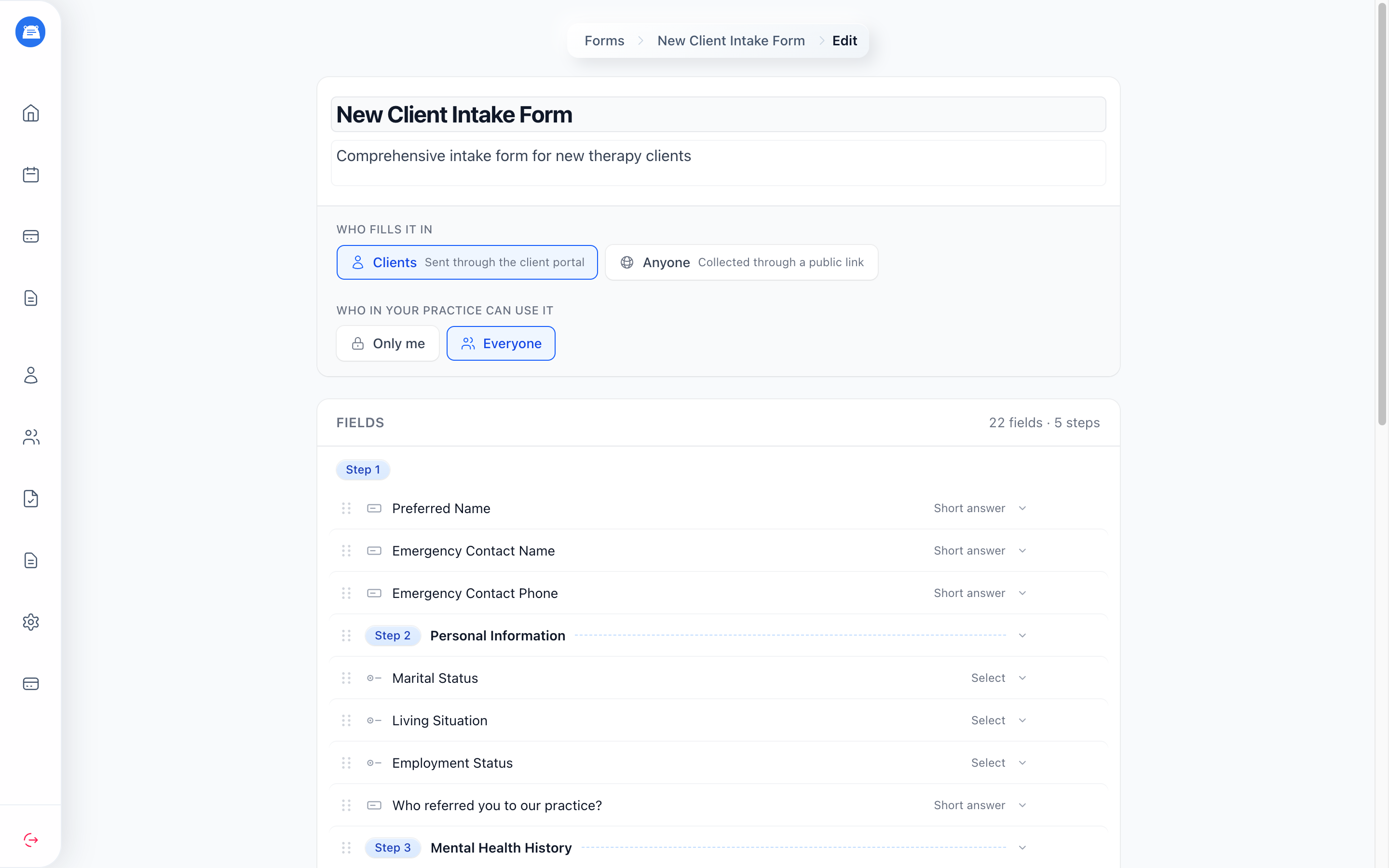 Form builder showing an intake form as an ordered outline with client and web form choices, field rows, section markers, and buttons for Field, Section, and Content