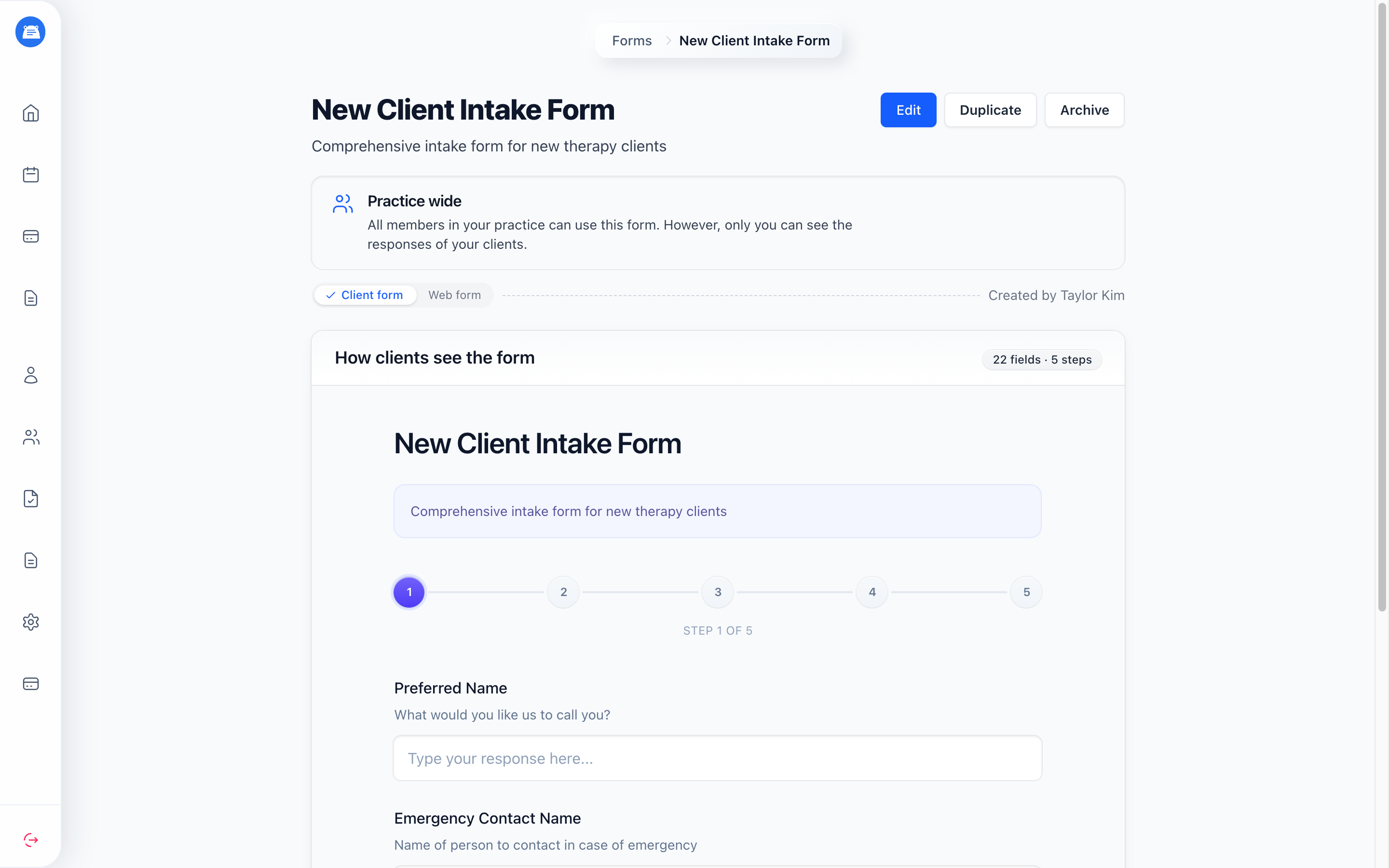 Form page showing the How clients see the form preview with a five-step progress indicator and intake fields