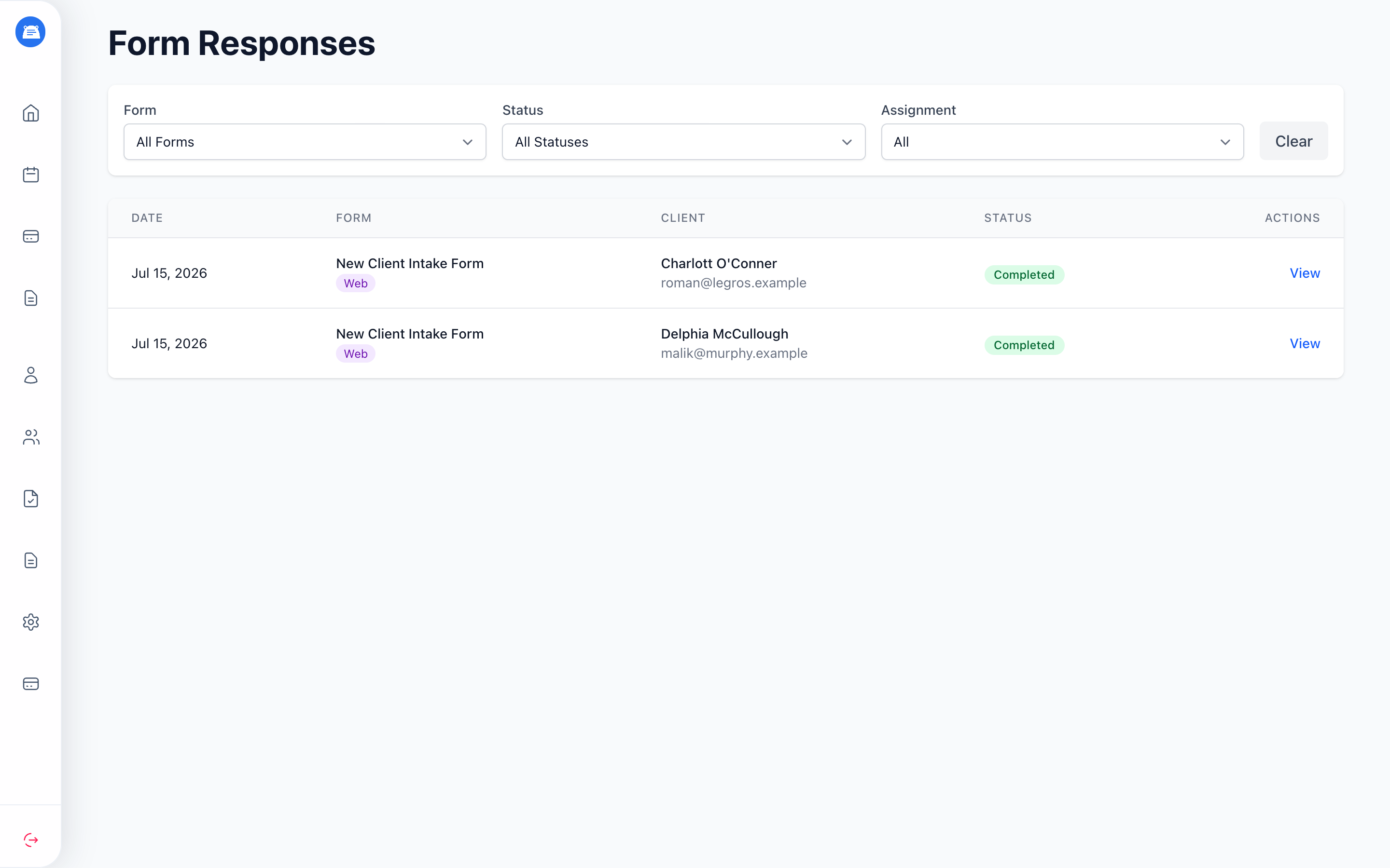 Form Responses page with filters for form, status, and assignment, and a table of responses showing date, form, client, status, and a View action