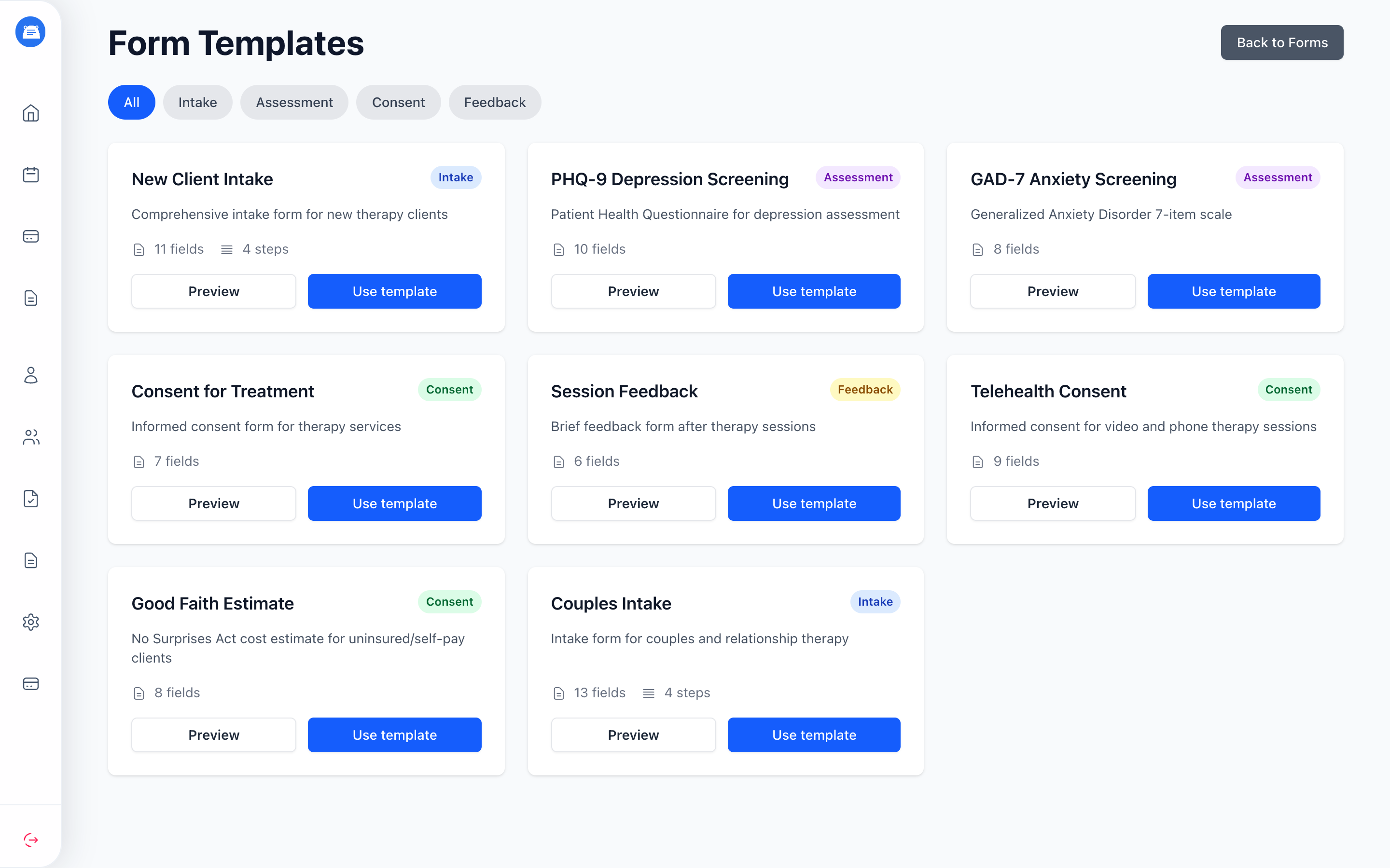 Form Templates gallery with category filters and cards for intake, assessment, consent, and feedback templates, each with Preview and Use template buttons
