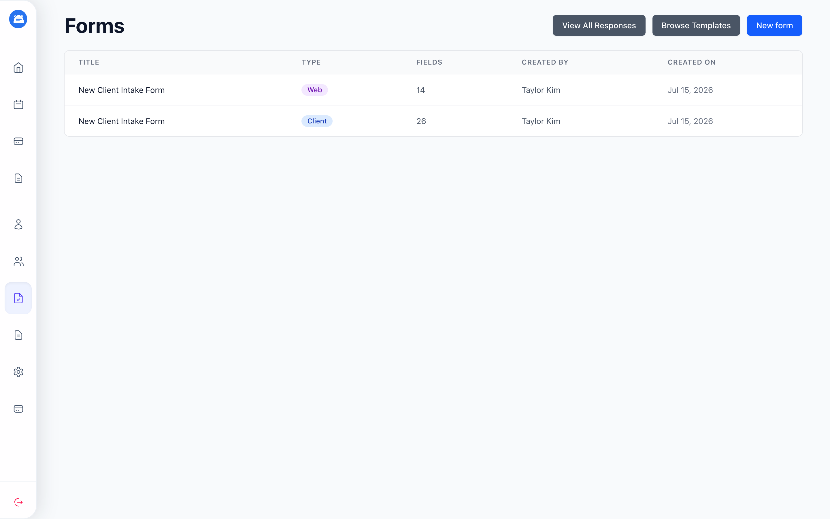 Forms index listing a Web form and a Client form with buttons for View All Responses, Browse Templates, and New form