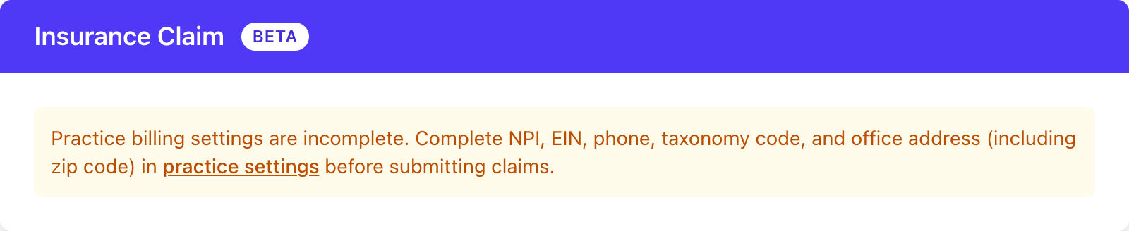 Insurance Claim section on a session with billing settings incomplete