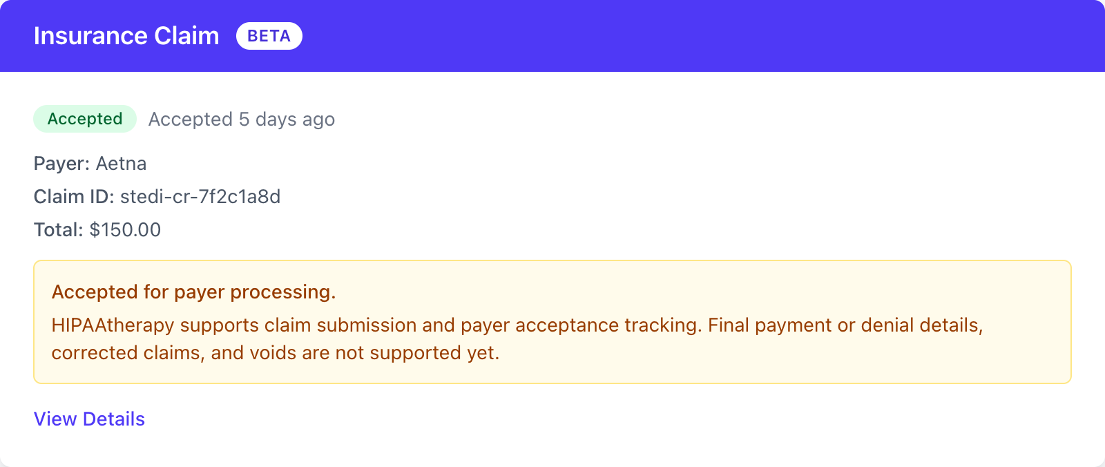 Accepted claim with the payer-processing notice