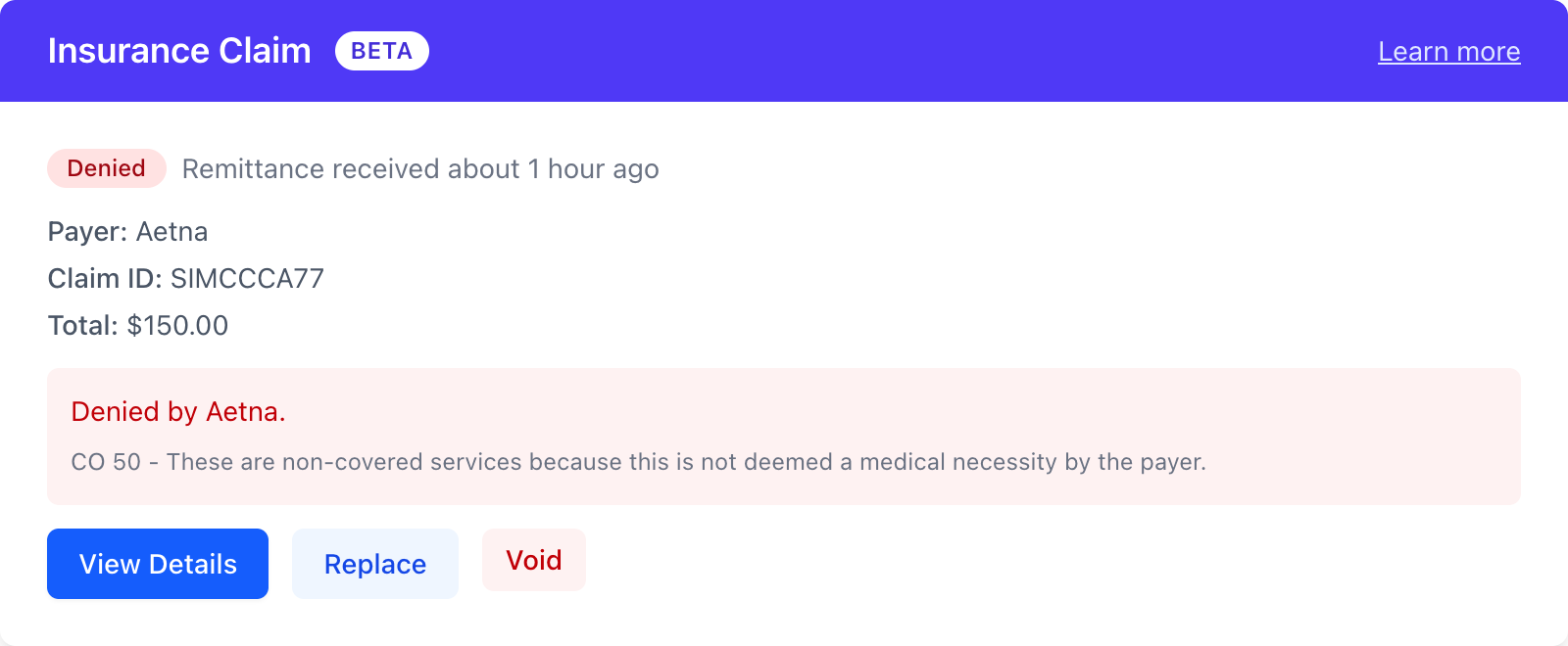 Denied claim with a red Denied badge, the payer message, and the CO 50 adjustment reason code