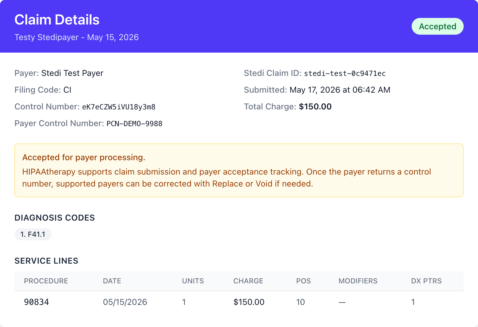Claim Details page showing the control number, payer claim number, and accepted status