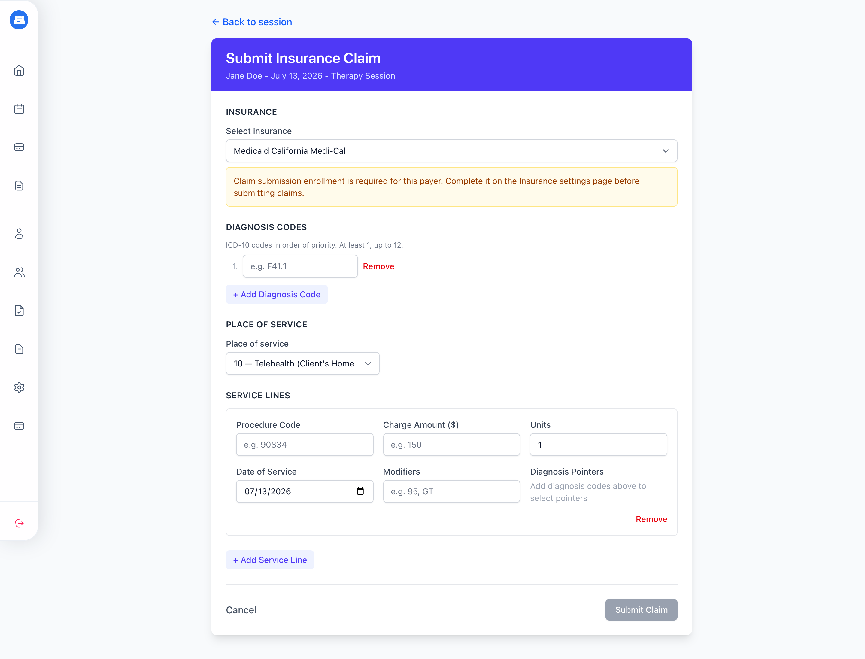 Claim form with the enrollment-required warning and Submit Claim disabled