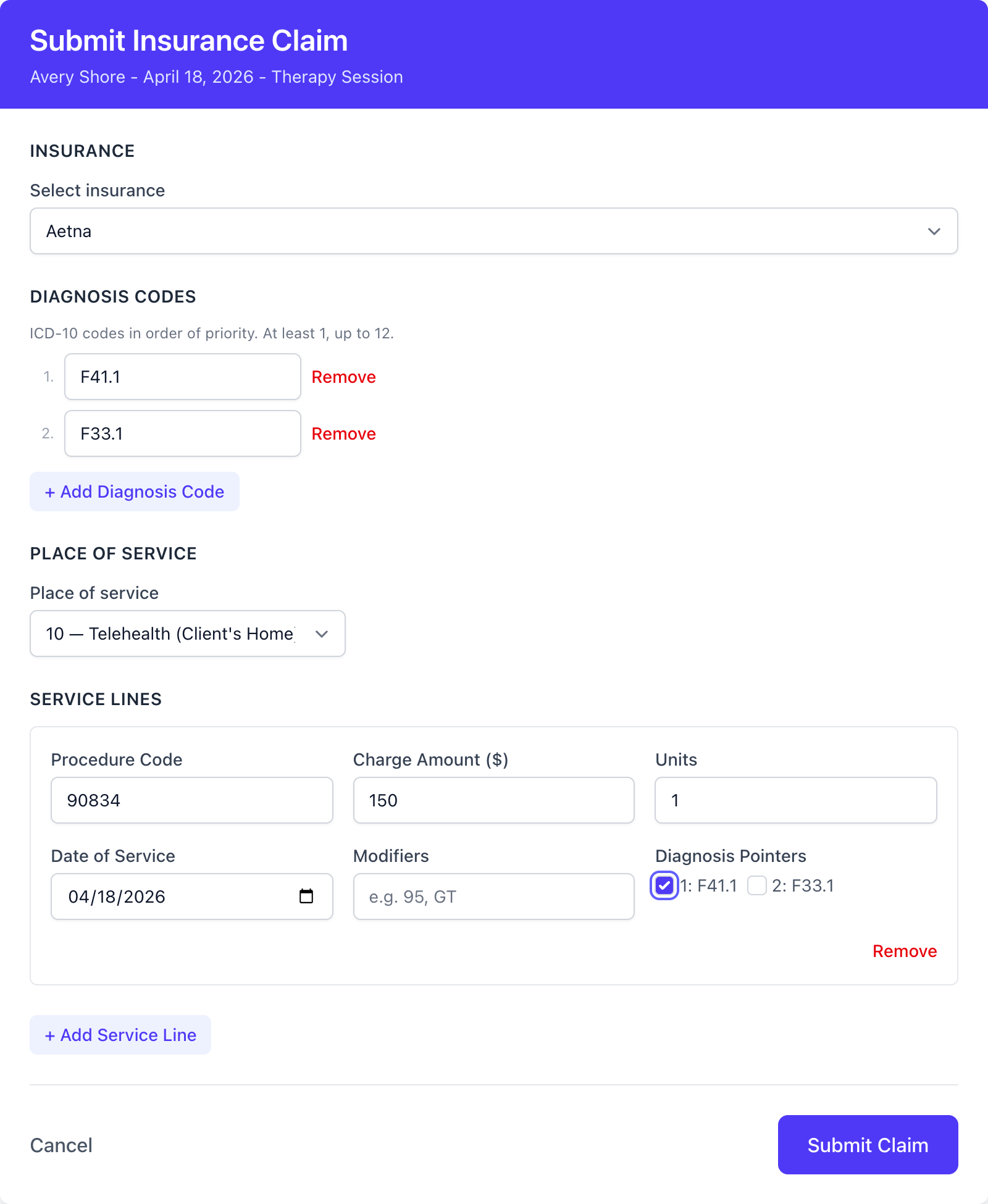 Claim form with diagnosis codes, place of service, and service lines