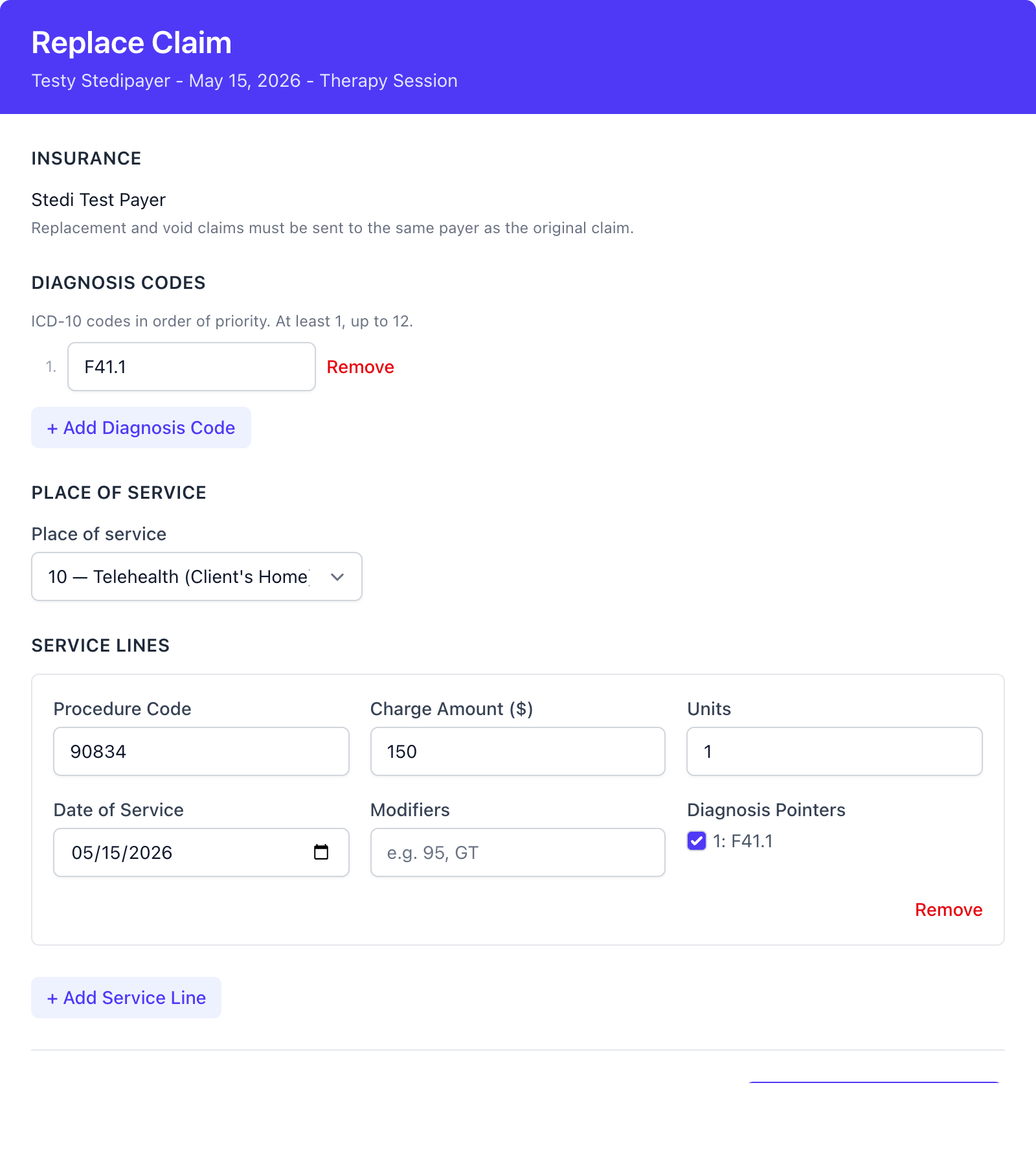 Replace Claim form with the insurance locked to the original payer