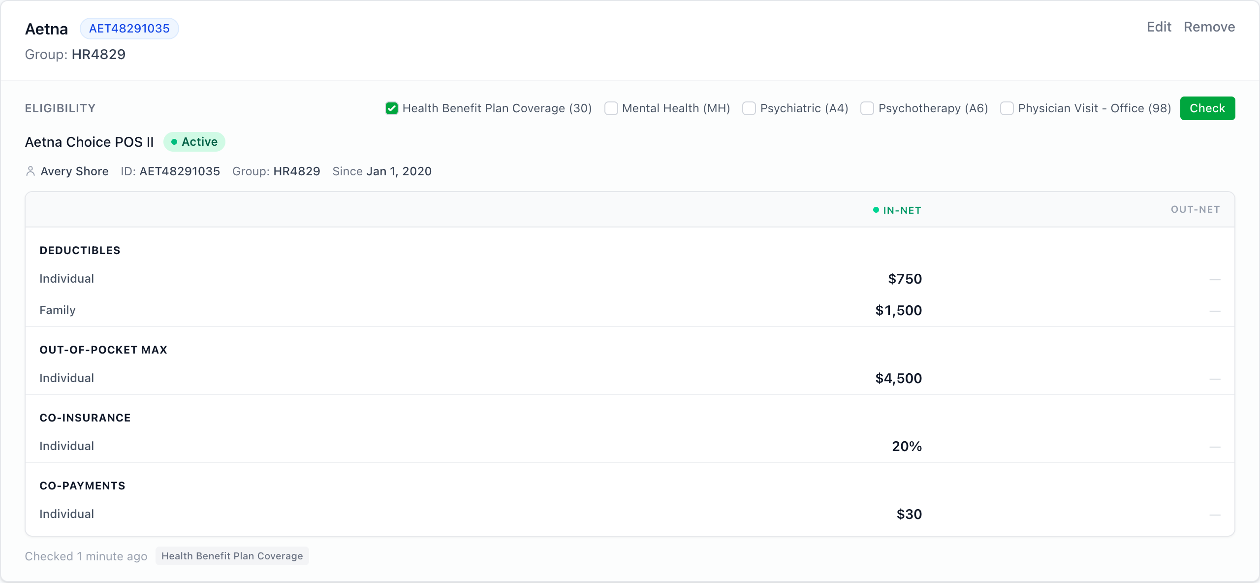 Eligibility check result on a client's insurance record