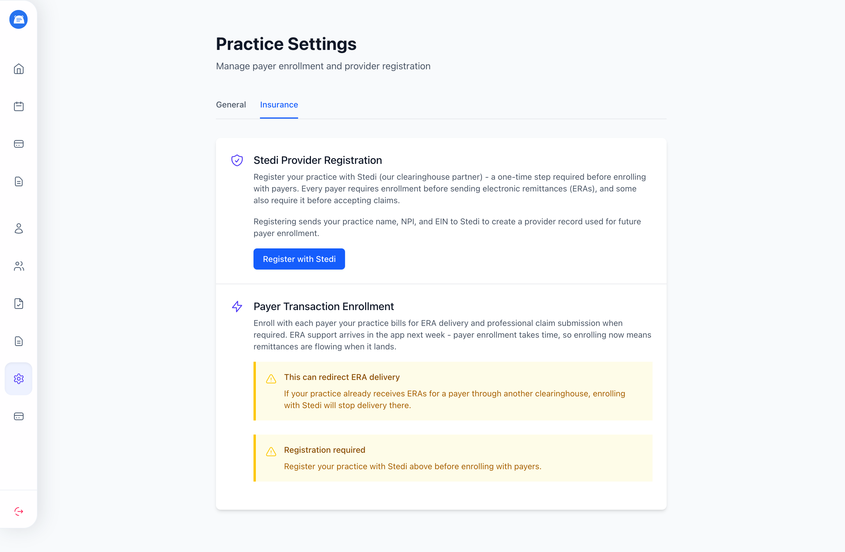Insurance settings page with the Stedi provider registration and payer enrollment sections