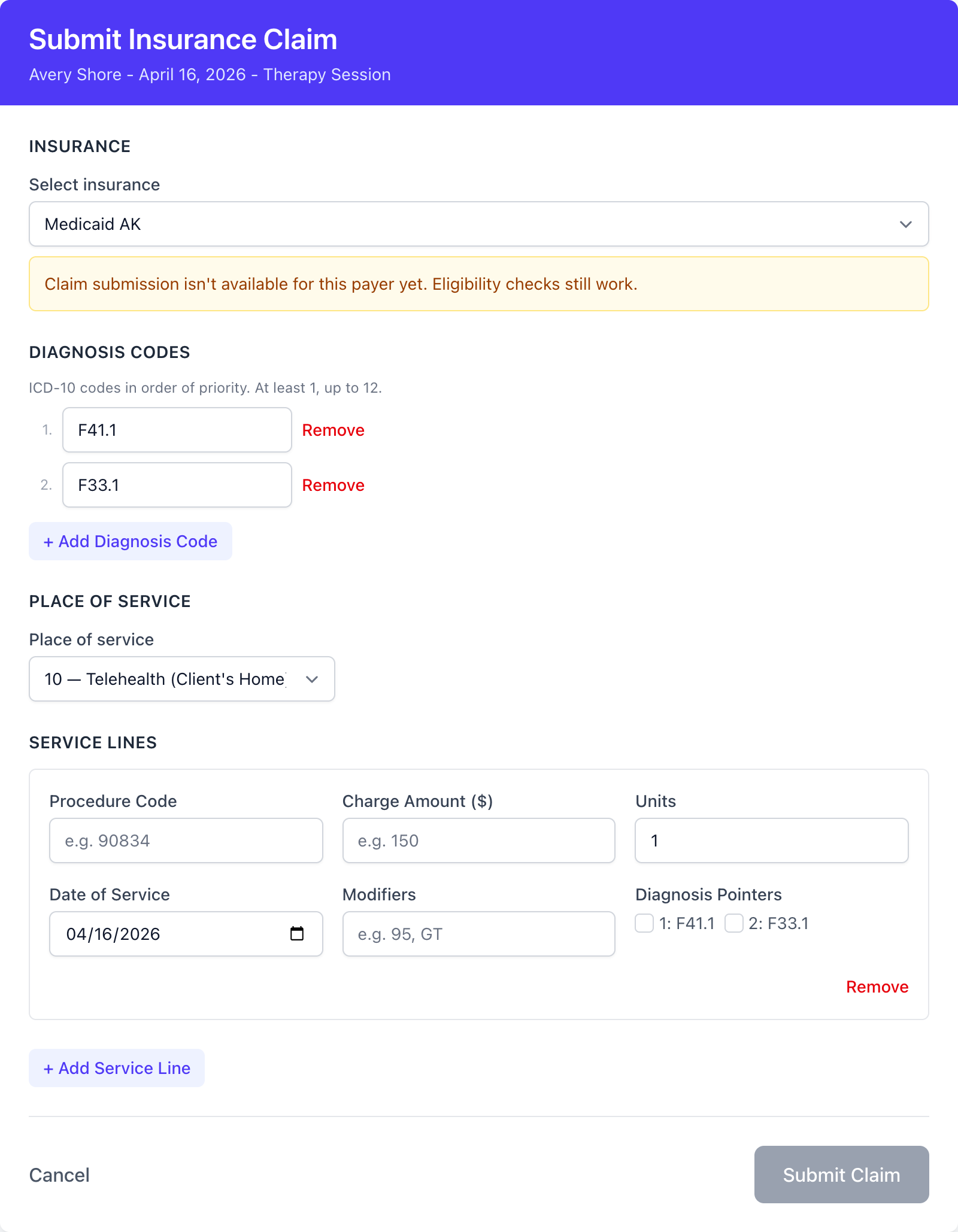 Claim form showing the unavailable-payer warning with the submit button disabled
