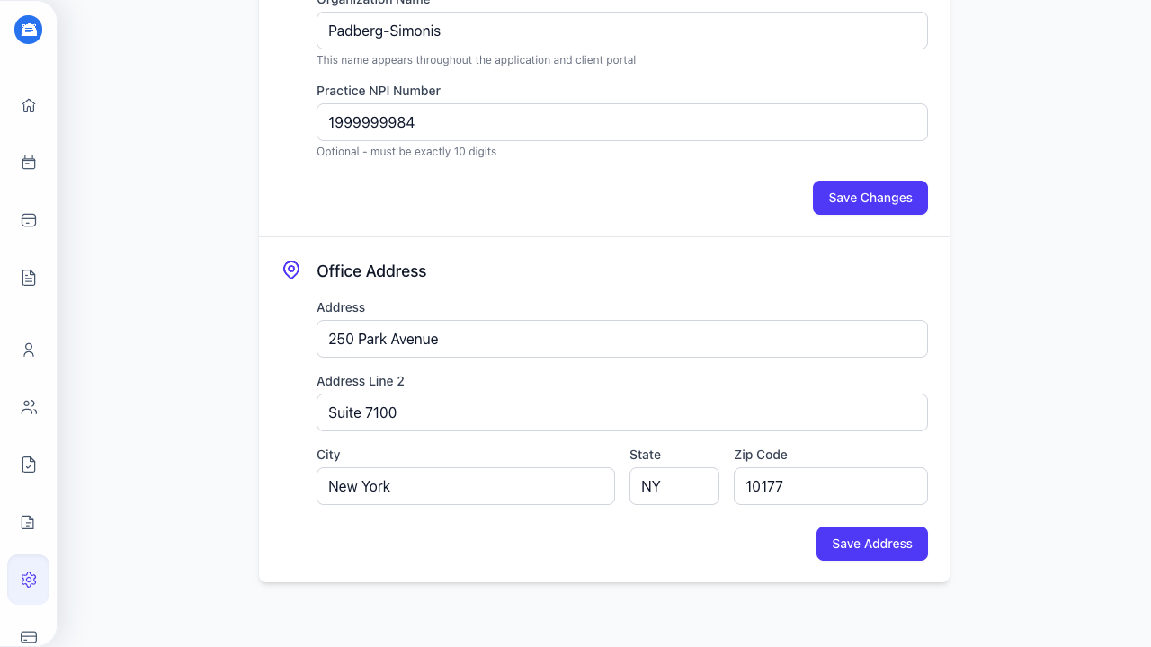 Office address form in Practice Settings