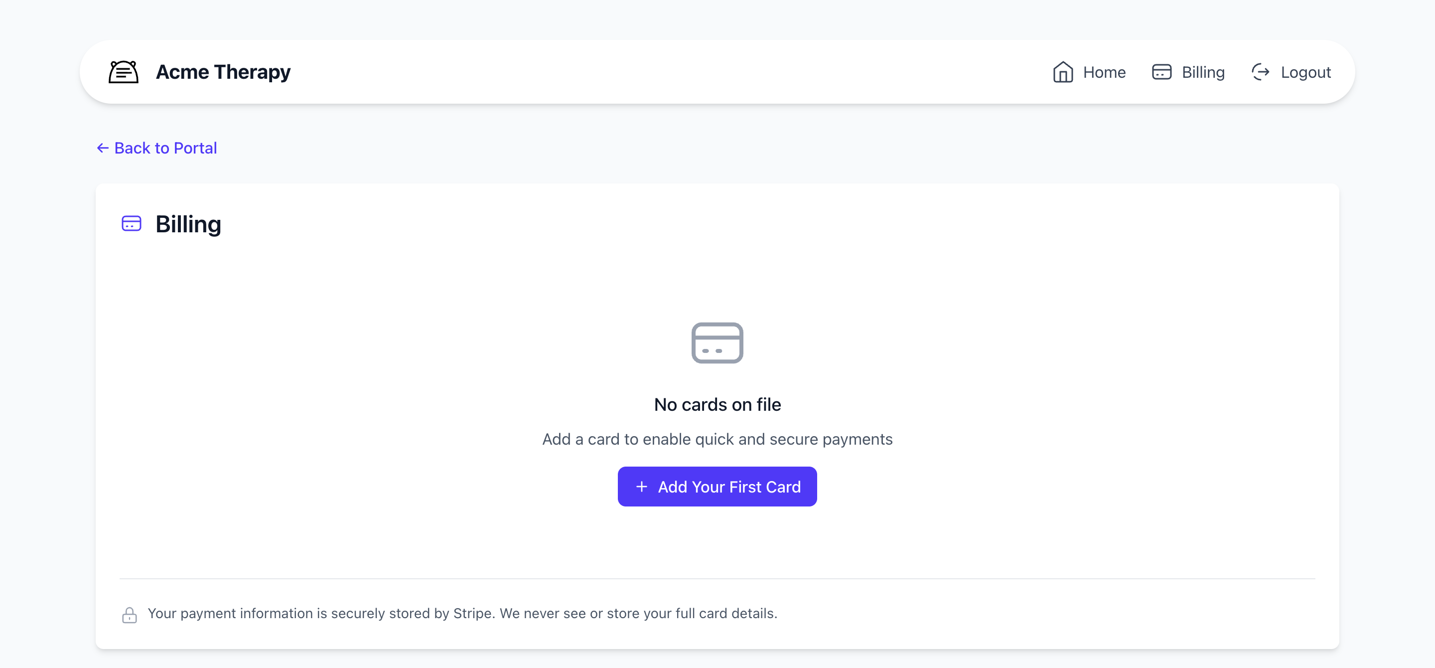Client portal Billing page with a "No cards on file" message and an Add Your First Card button