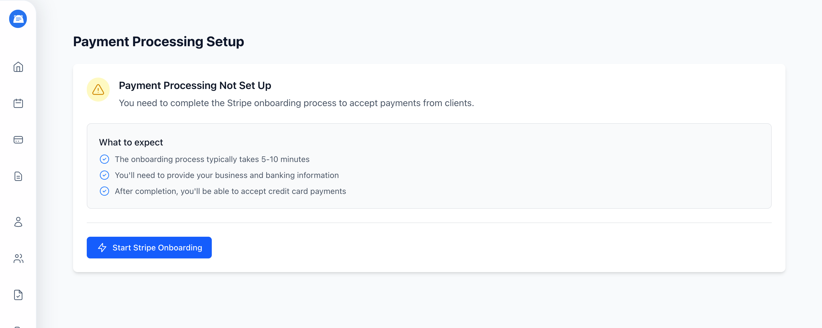 Payment Setup page with a "Payment Processing Not Set Up" notice and a Start Stripe Onboarding button