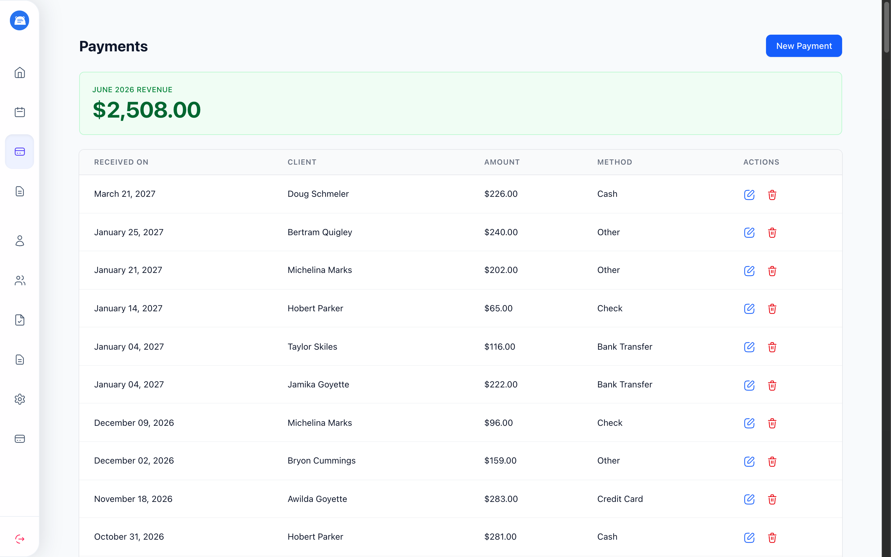 Payments page with a monthly revenue total and a table of payments by date, client, amount, and method