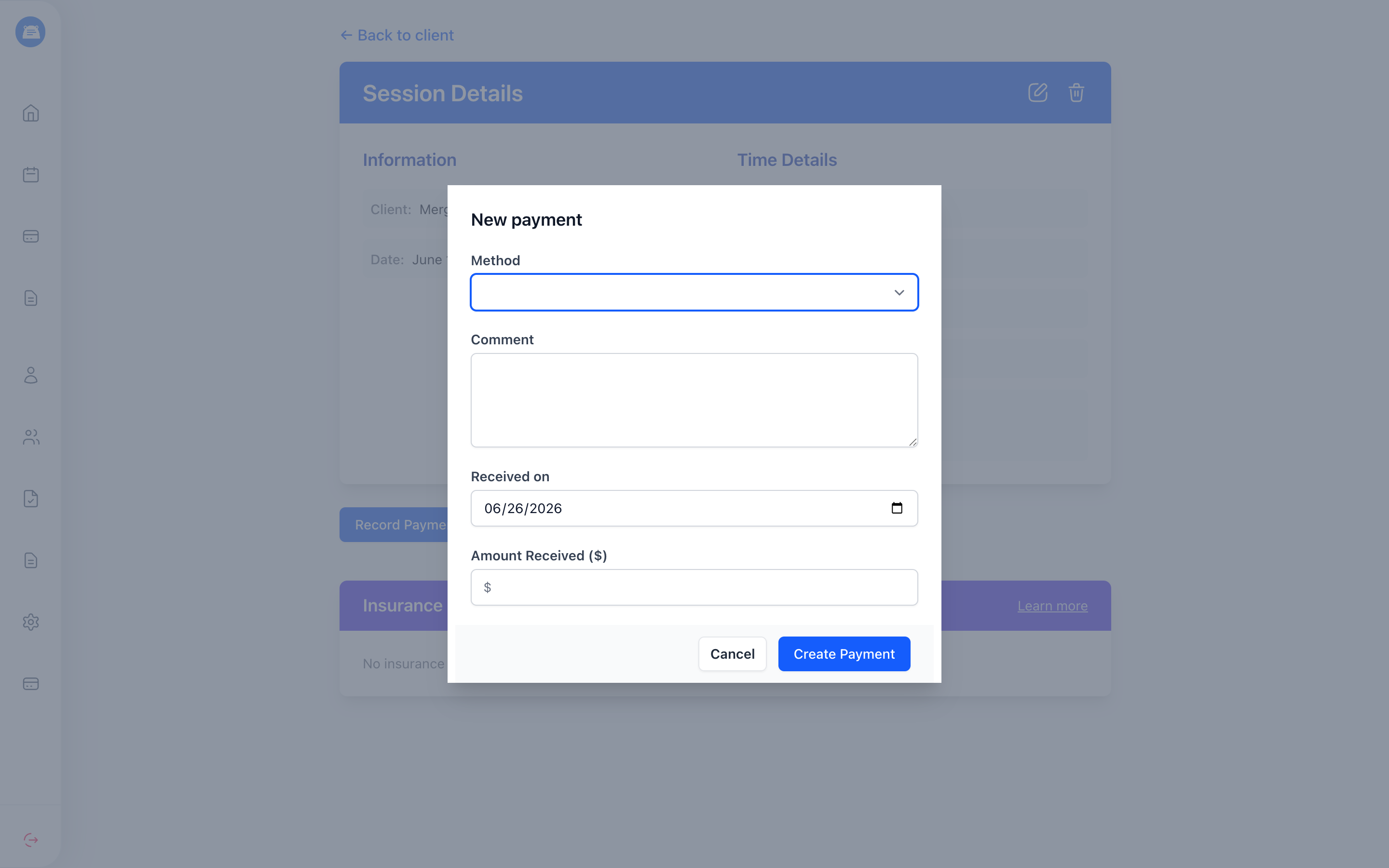 New payment form with Method, Comment, Received on, and Amount Received fields