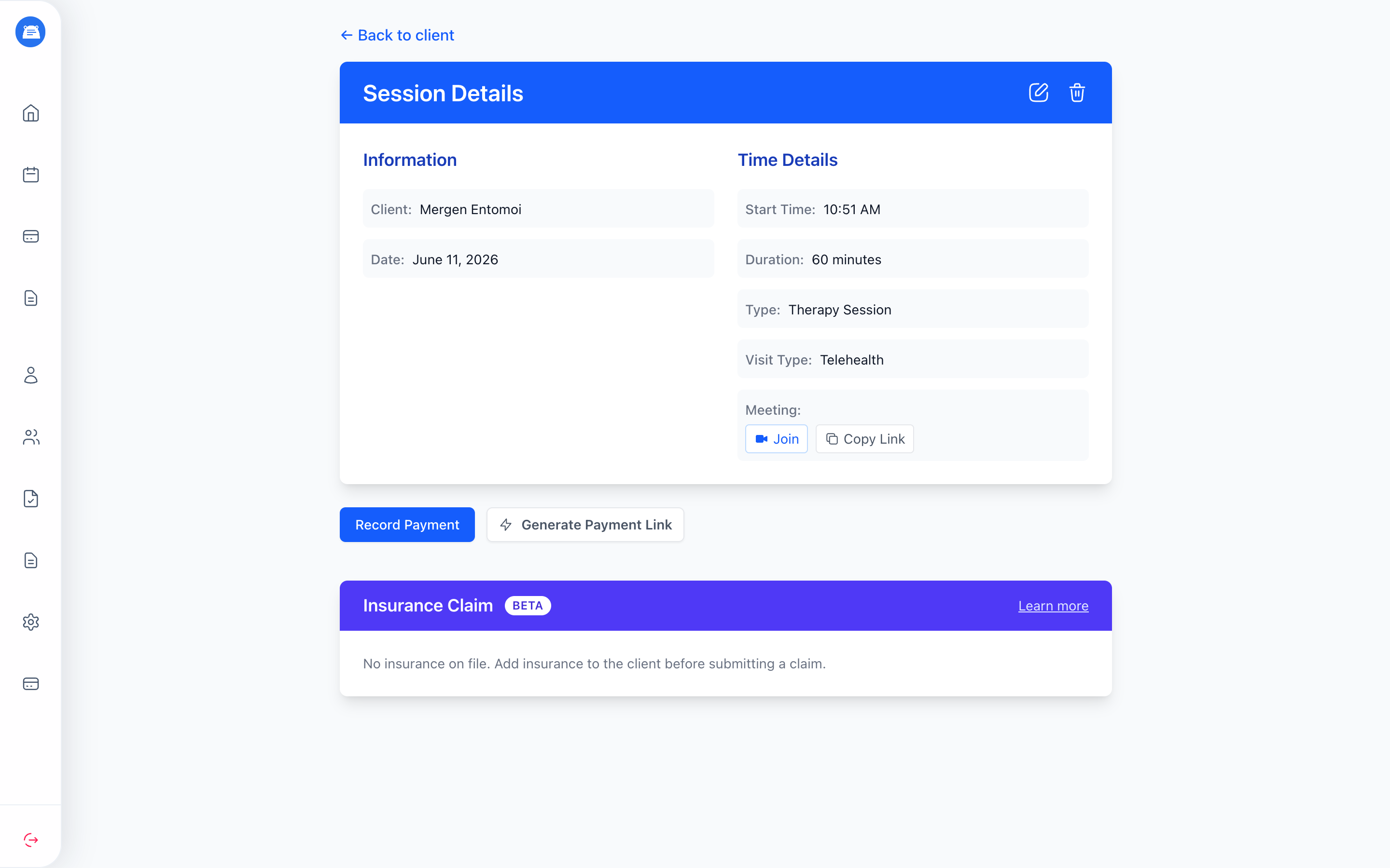 Session details with Record Payment and Generate Payment Link buttons
