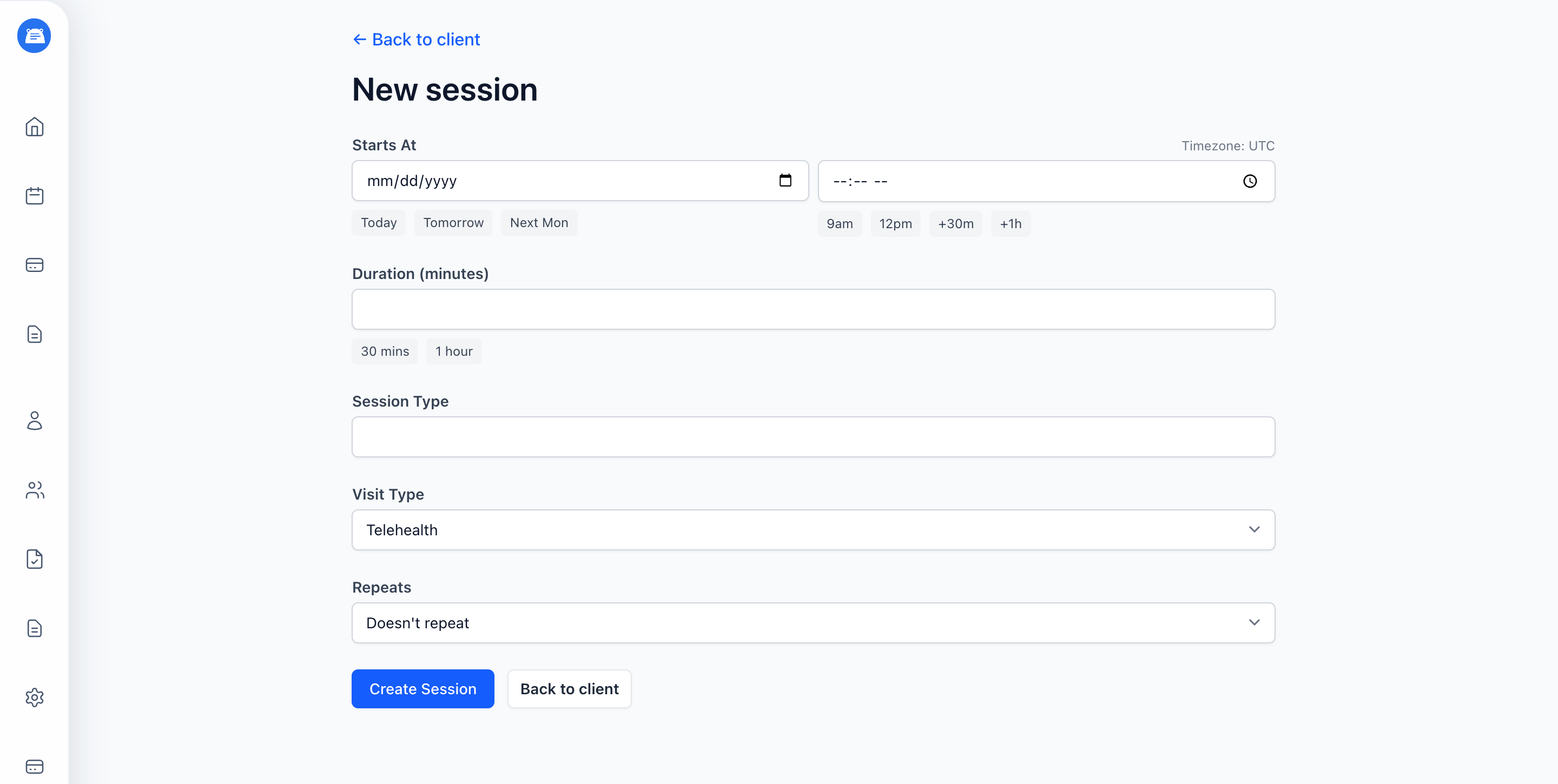 New session form with the Repeats dropdown