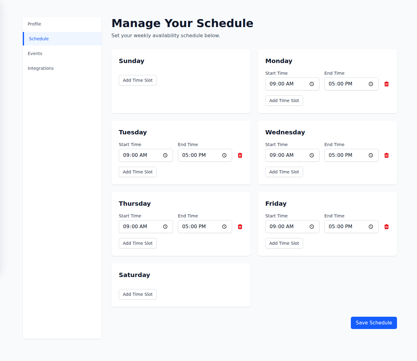 Schedule availability page