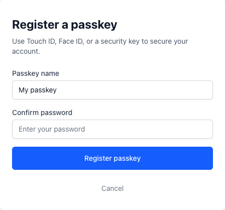 Passkey registration page