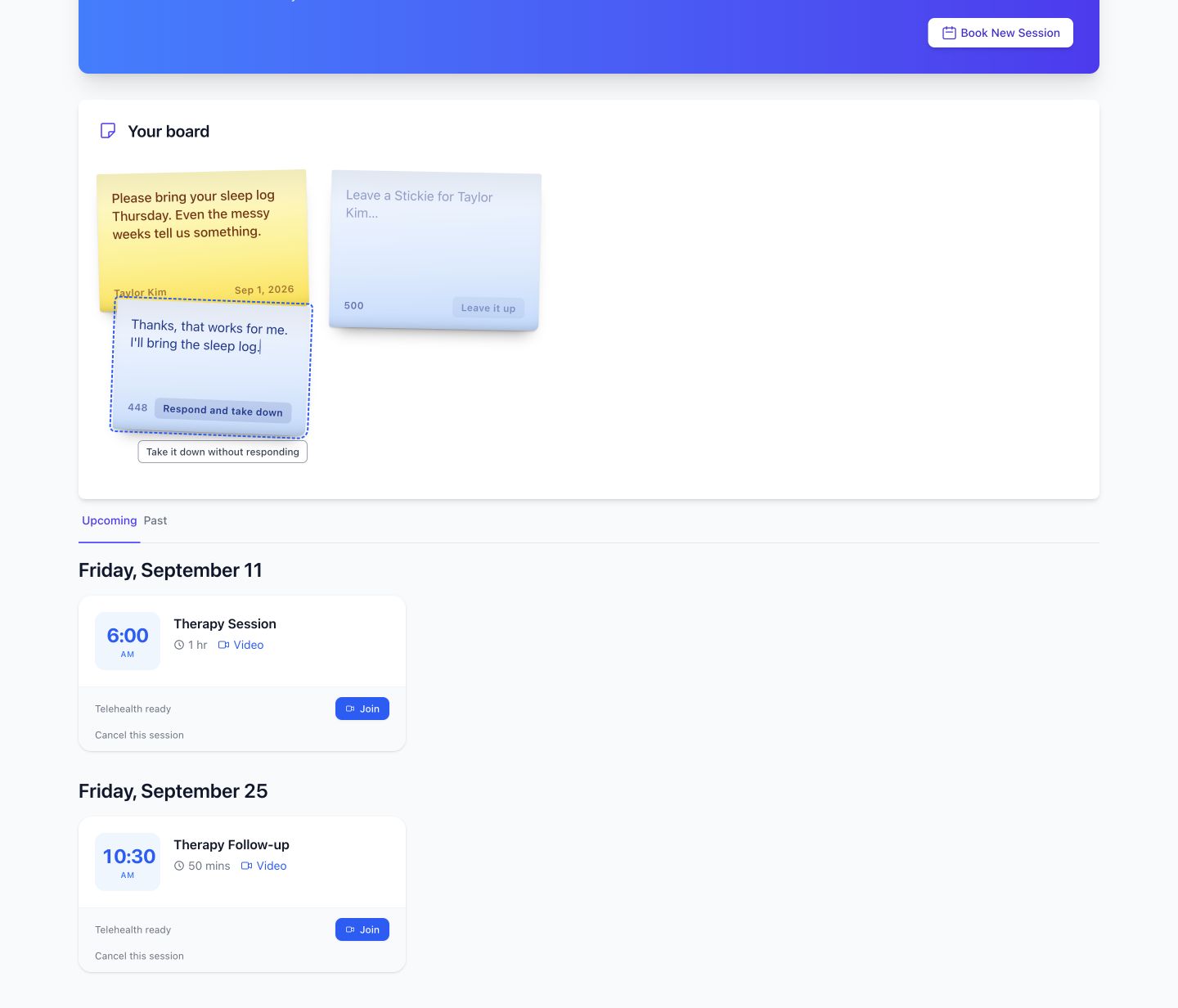 Client portal Your board showing a typed response to a Stickie and two upcoming telehealth sessions