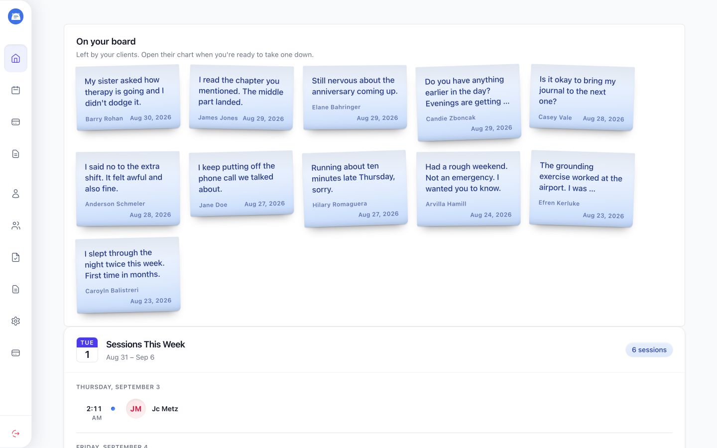 Therapist home page showing client Stickies under On your board