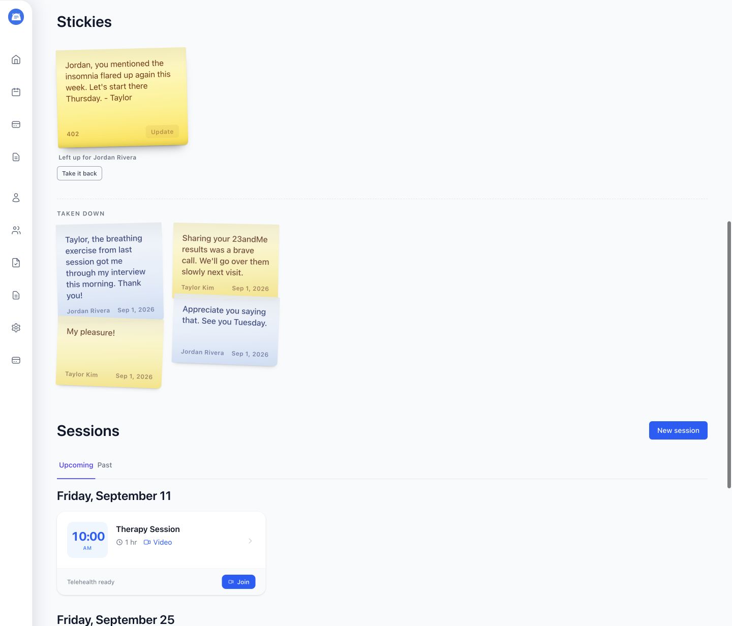 Therapist client profile showing an active Stickie, two taken-down message threads, and upcoming sessions